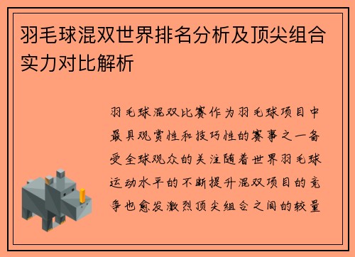 羽毛球混双世界排名分析及顶尖组合实力对比解析