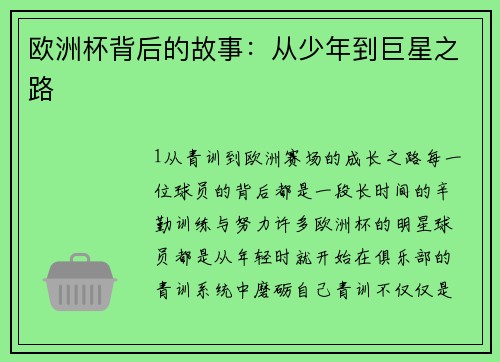 欧洲杯背后的故事：从少年到巨星之路